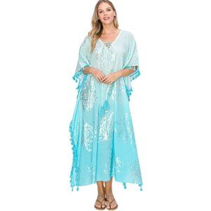 Women’s  Pom Pom Long Kaftan with Tassels, Aqua, Metallic Silver Motif OS.